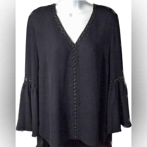 T Tahari Tops - T Tahari S M Bell Sleeve Top Navy Black Lace & Metal Embellishment Silky Blouse